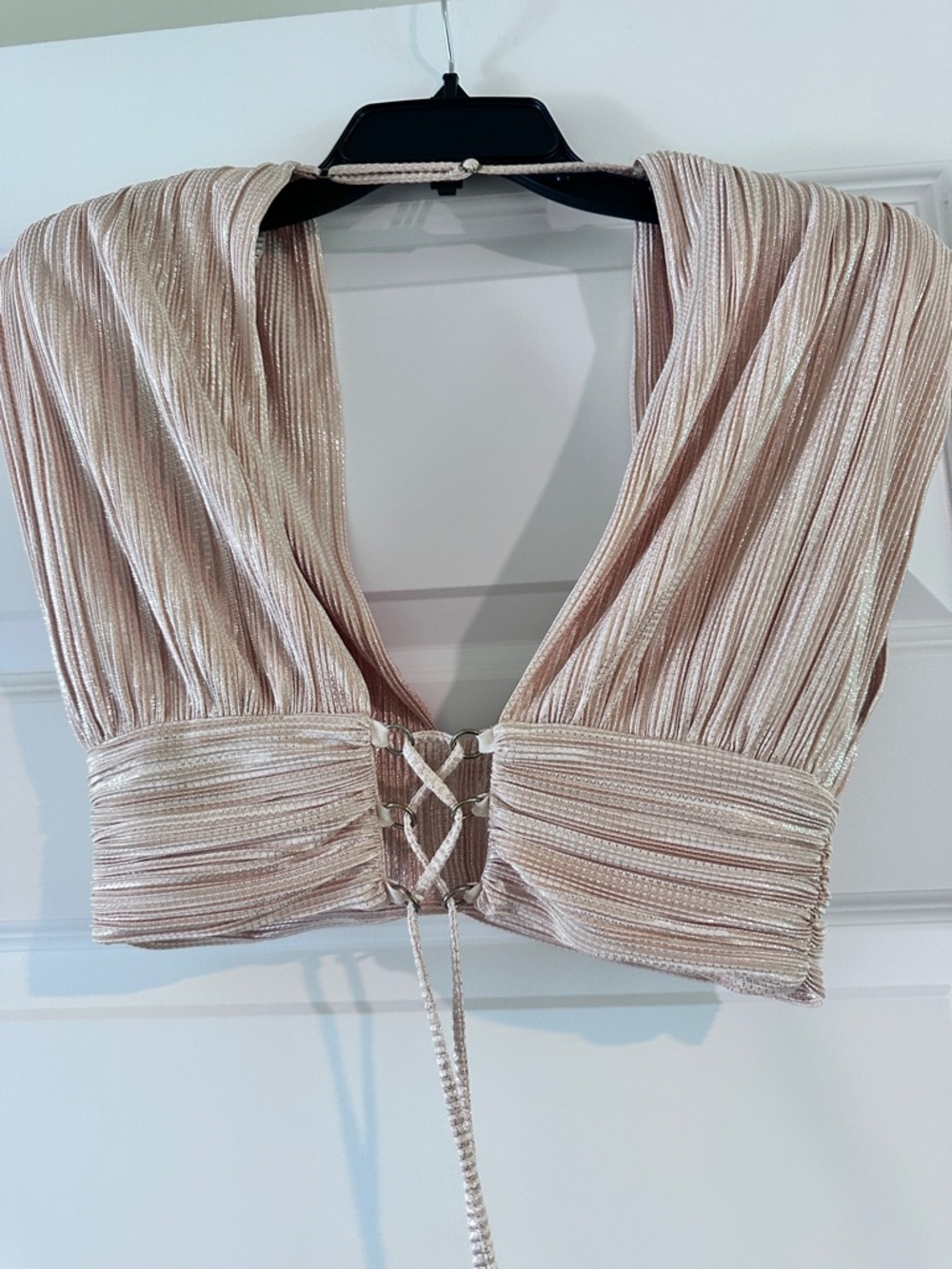 Sabina Musayev Dune Metallic Lace-Up Crop Top in Pale Yellow Medium